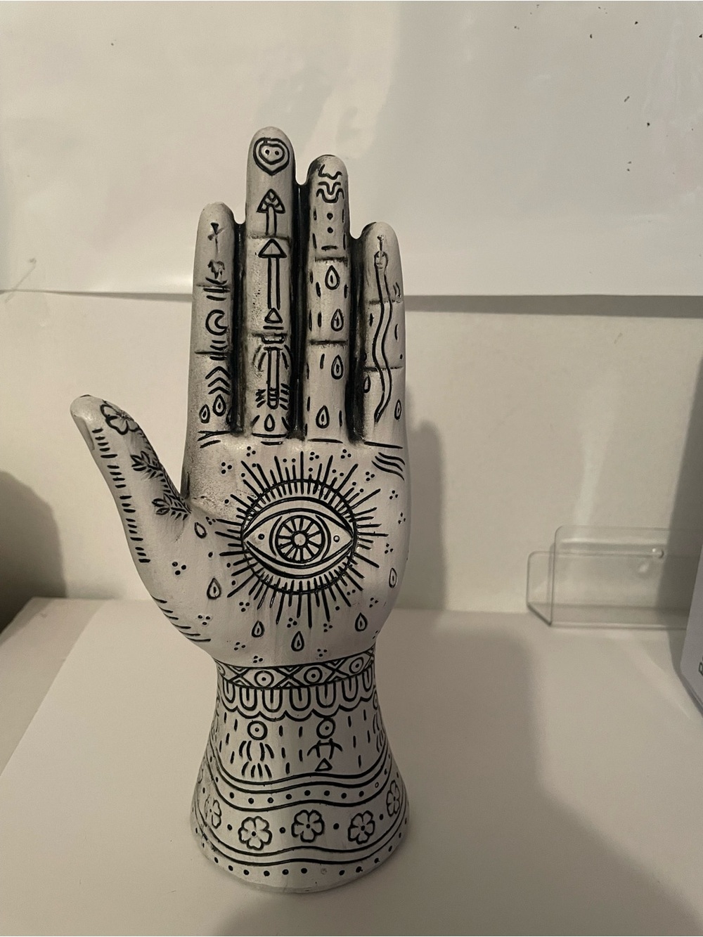 Boho Ceramic Hand Sculpture with Eye Motif - White and Black